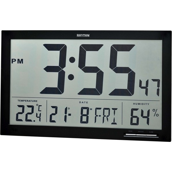 Rhythm LCD Clock 3 Steps Increasing Beep Alarm,Snooze,Calendar,Thermometer,Hygrometer,Date Format Display Change(36.5x22.8x2.5cm)